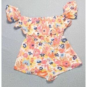 Roxy Off The Shoulder Romper Womens Medium Floral Ruffle Boho Summer Puff Sleeve
